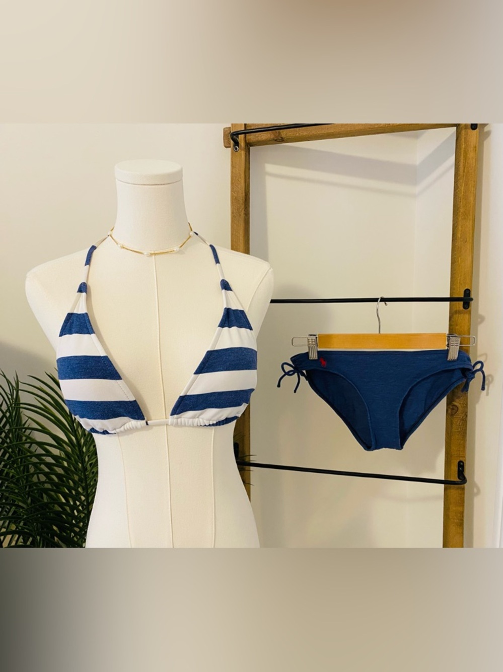 Ralph Lauren Navy & White Striped Triangle Bikini with Navy Tie-Side Bottoms